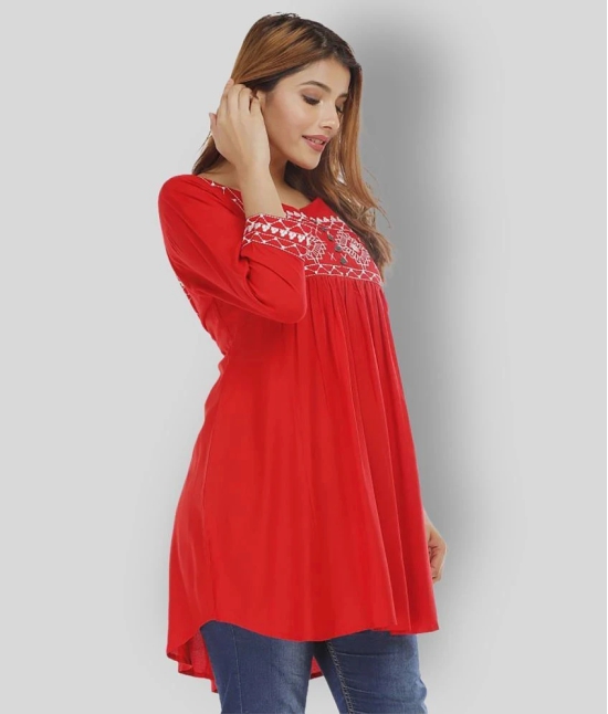 HIGHLIGHT FASHION EXPORT - Red Rayon Womens Asymmetrical Kurti ( Pack of 1 ) - L