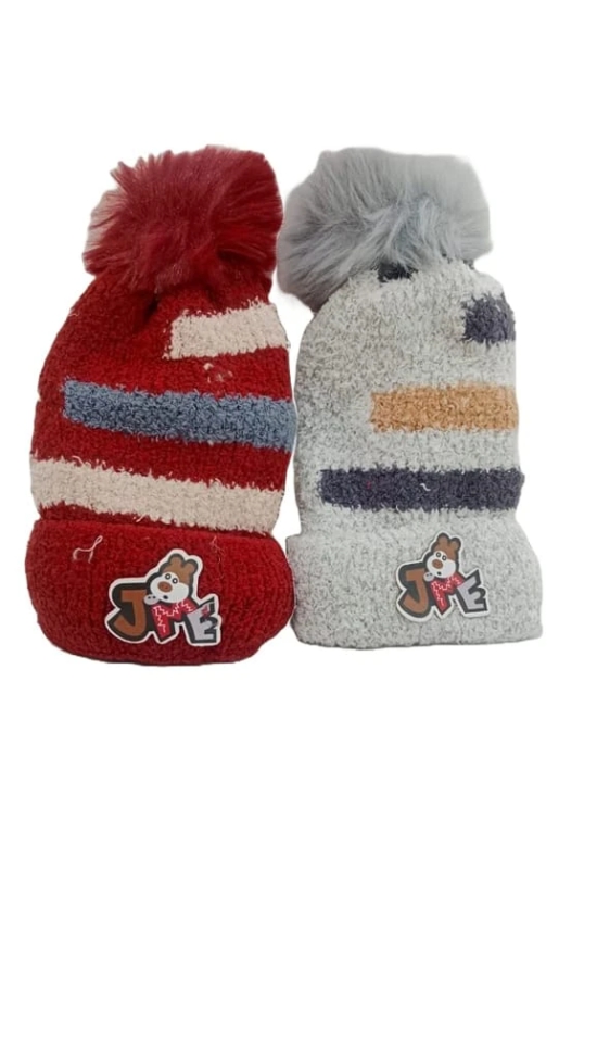 Striped Knitted Winter Hat with Faux Fur Pom Pom for Kids