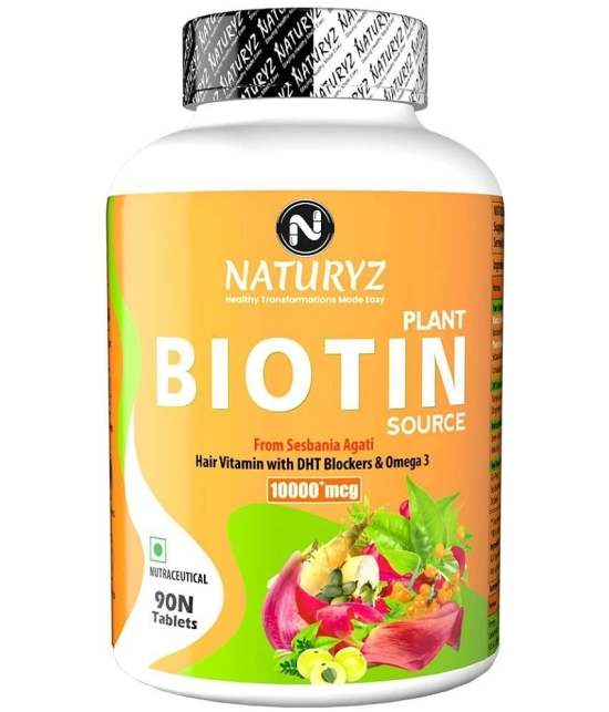 NATURYZ 100% Plant Based Biotin with DTH Omega 3 for Strong Hairs, Nails, Glowing Skin - 90 Tablets