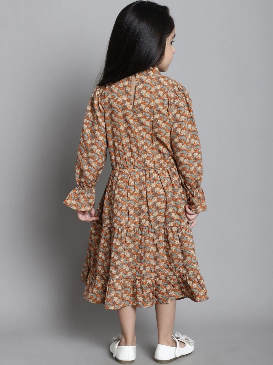 MINI & MING Girls Floral Print Mock Neck Bell Sleeves Crepe Shirt Midi Dress