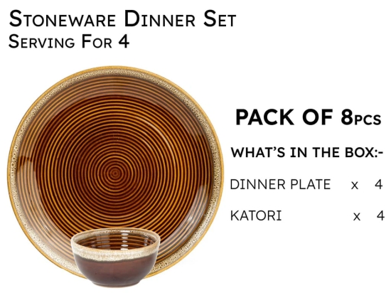 Handcrafted Stoneware Reactive Glaze Ceramic Dinner Set, 8 Pieces Serving for 4, Microwave and Dishwasher Safe, Bone-ash Free, Crockery Set for Dining and Gifting, Peanut Brown