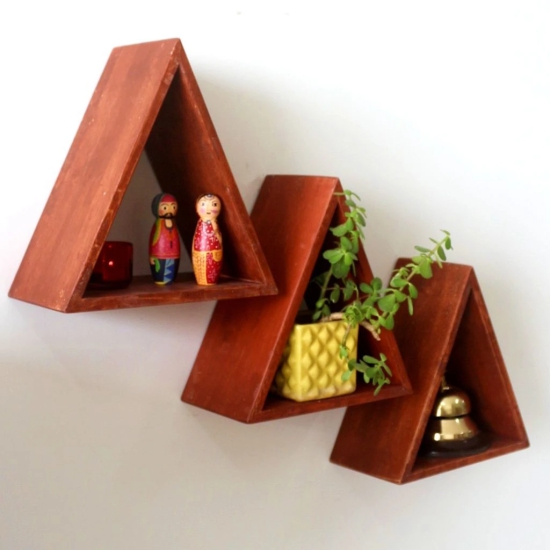 Barish Home DECORS - Triangular Wal Shelf (Set of 3) | Wooden Wall Mount Shelves for Home Decor | Home Decor Piece | Handcrafted with Rubberwood | 24 x 24 x 12 (H x W x D)