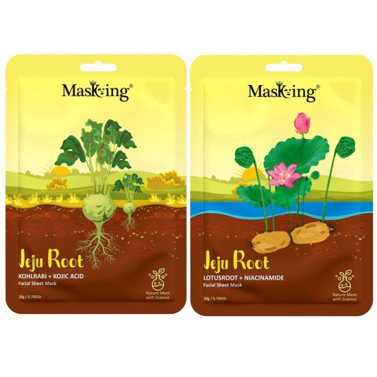 Masking fairness and glowing Jeju Root skin friendly Facial Sheet mask with natural root extract,Kohlrabi,Lotus, 20 Ml each pack of 2