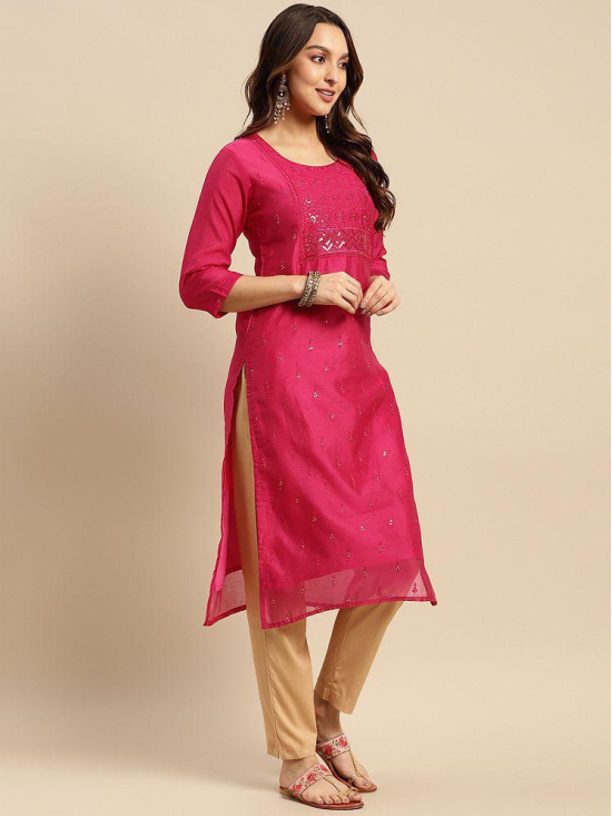 Rangita Women Chanderi Pink Sequin Yoke Embellished Calf Length Straight Kurti - None