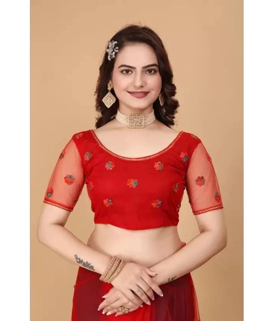 Apnisha Net Embroidered Saree With Blouse Piece - Red ( Pack of 1 ) - Red