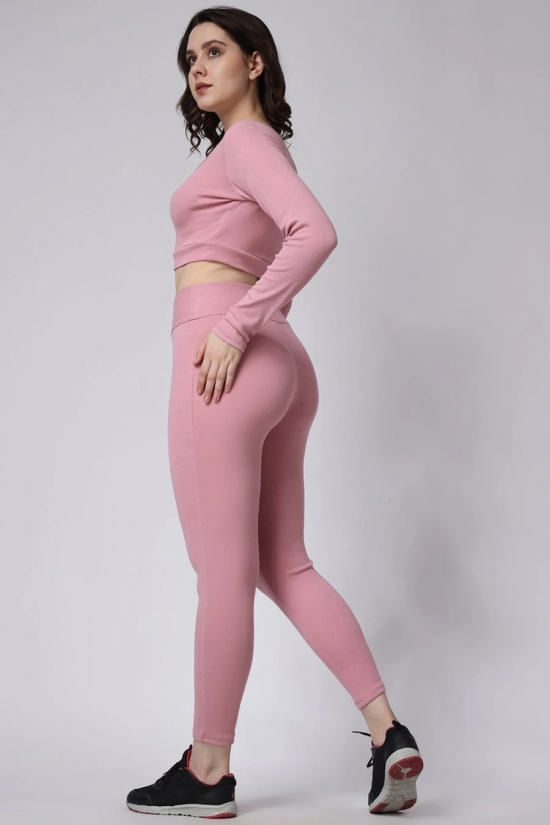 Womens Pink Gym Co-Ord Set Leggings & Full Sleeves Crop Top-XL / Pink