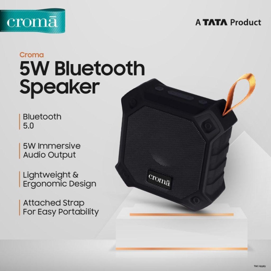 Croma 5W Portable Bluetooth Speaker (Waterproof, High Bass, Black)