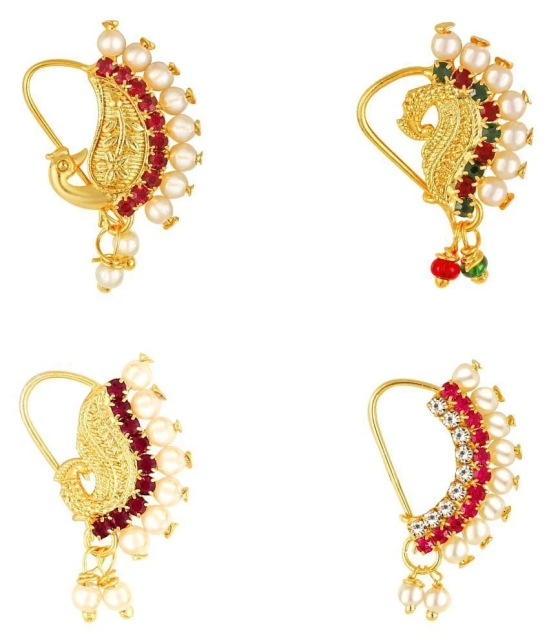 Vighnaharta Piercing Gold Plated Mayur design with Pearls and AD Stone Alloy Maharashtrian Nath Nathiya./ Nose Pin combo for women VFJ1006-1005-1007-1010NTH-Tar - Golden