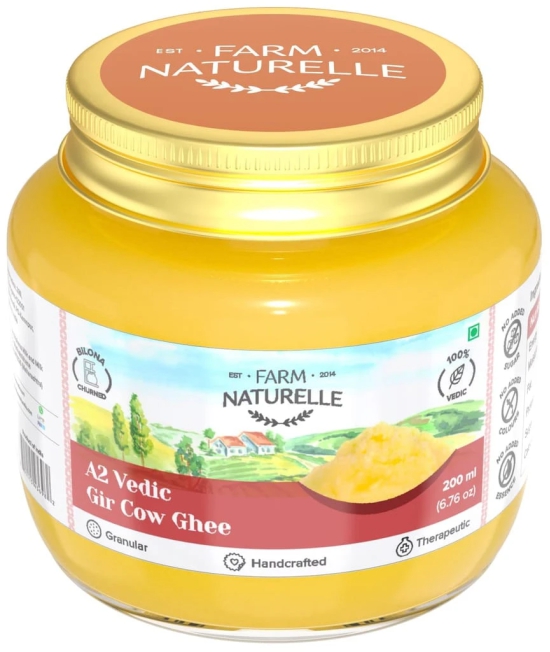 Farm Naturelle A2 Pure Gir Cow Ghee 200ml + 50ml Extra In Glass Bottle | Extra Engraved Virgin Wooden Spoon| 100% Desi Gir Cow Ghee | Vedic Bilona Method-Curd Churned-Golden | Lab Tested Grainy & Aromatic, Keto Friendly | Non-GMO Grassfed, Premium & Tradi