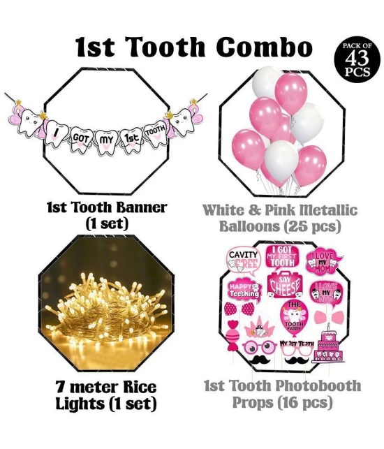 Zyozi I Got My First Tooth Decoration | First Tooth Decoration Items for Baby Girl - Tooth Banner, Balloons with Photo Booth Props & Rice Light (Pack Of 43) - Pink