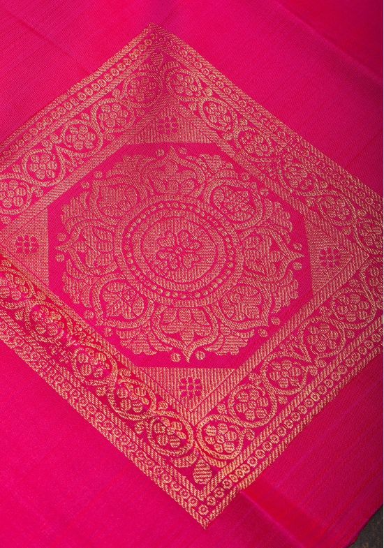 Hot Pink Borderless Kanjivaram Soft Silk Saree  with Square Motifs  and contrast Pallu| SILK MARK CERTIFIED