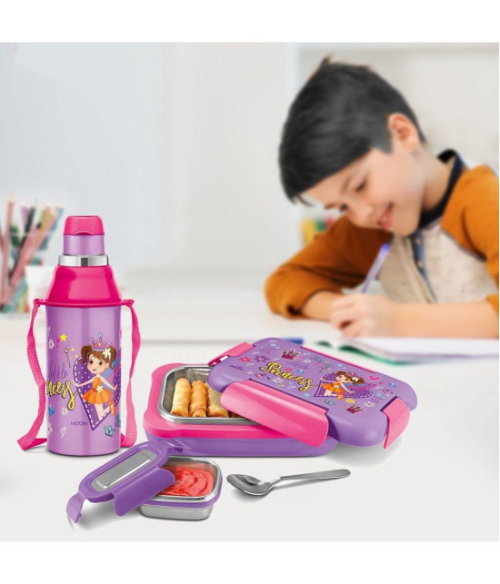 Milton Explorer Gift Set (Kool Steelight Insulated Water Bottle, 404 ml; More Meal Insulated Lunch Box with Inner Container and Spoon, 600 ml ), Light Purple | PU Insulated | Kids Tiffin & B