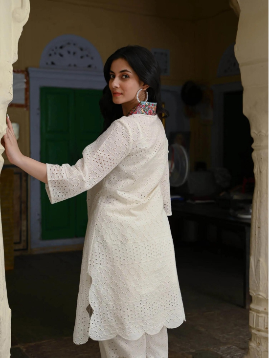 Schiffli Kurta Pant & Dupatta set-L