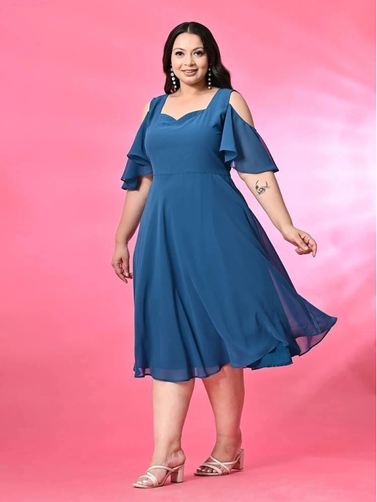 PrettyPlus by Desinoor.com Georgette Solid Midi Womens Fit & Flare Dress - Blue ( Pack of 1 ) - None