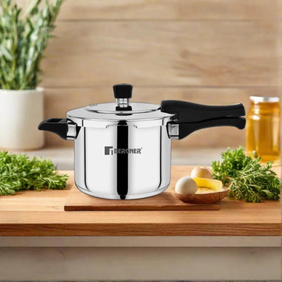 Bergner Pura Stainless Steel Outer Lid Pressure Cooker | Gas & Induction Compatible | Silver 5.5 Litre