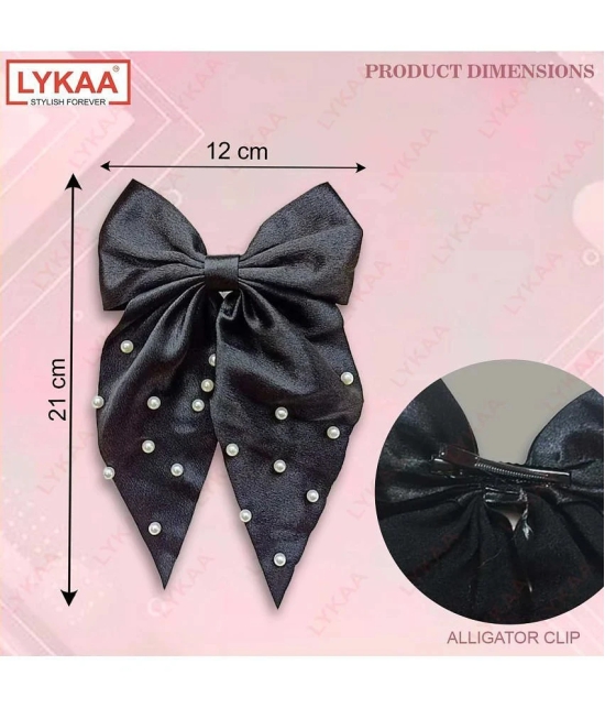 Lykaa Large Satin Hair Bow with Pearls Longtail Clips Hair Accessories for Women -1 Pcs (Multicolor) - Black