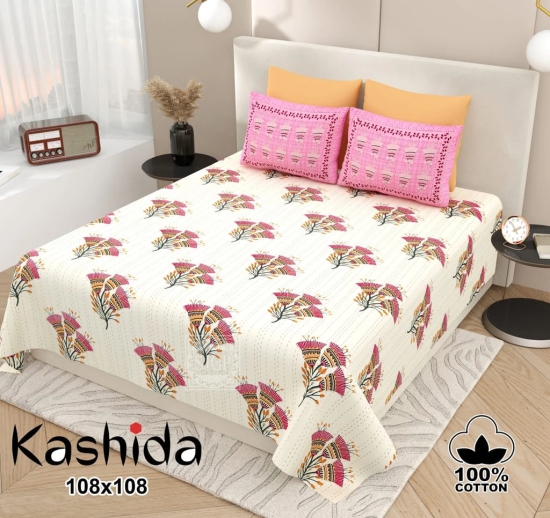 Bedsheet Adda-Super Mega King Size  King Size(108*108 in)-Pure Cotton Sanganeri Printed Jaipuri  Double Bedsheet With 2 Matching Pillow Covers-RJ-14-03-(108*108)-HT8313