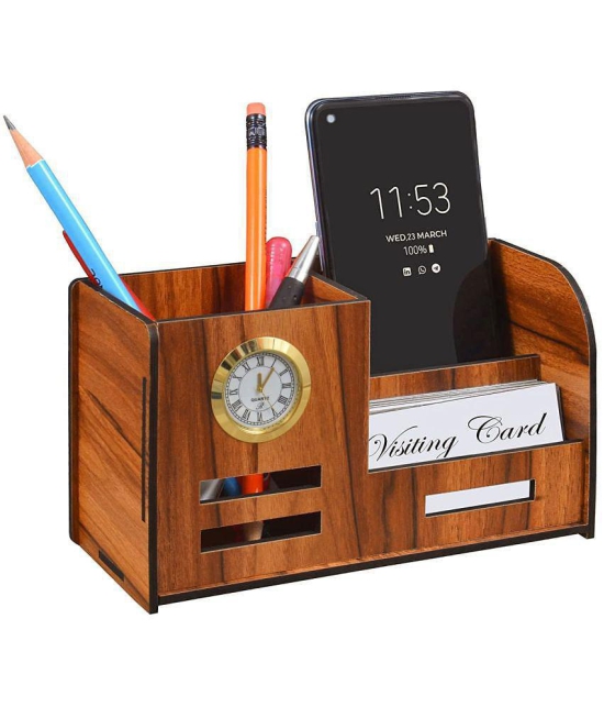 RAVARIYA GRAPHICS Pen Stand With Clock, Business Visiting Card & Mobile Holder | Multipurpose Wooden Desk Organizer Pen And Pencil Holder Stand For Office Desk And Study Table (4 In 1)