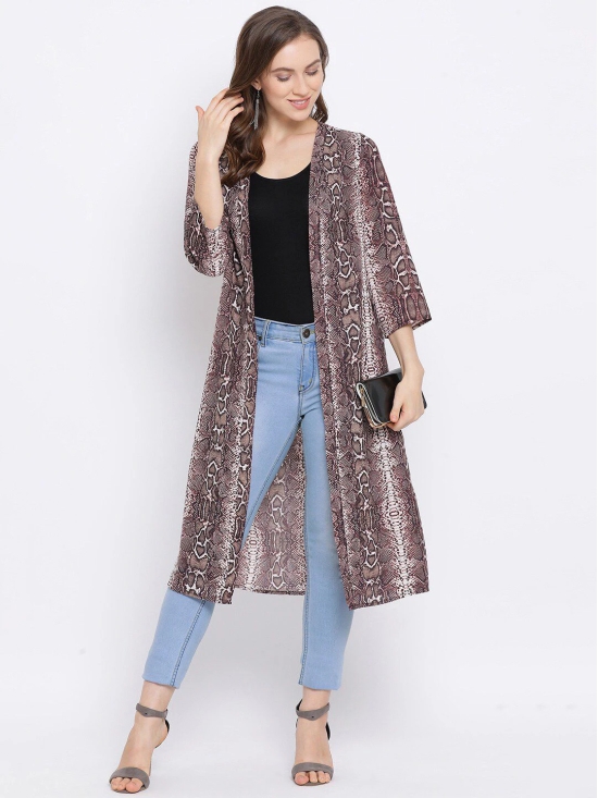 Oxolloxo Women Brown & White Printed Open Front Shrug