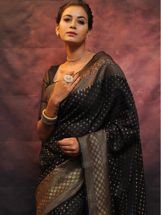 Black Pure Banarasi Silk Weaved With Copper Zari Comes With Heavy Banarasi Brocade Blouse