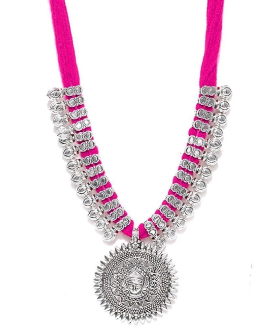 Youbella Antique German Silver Oxidised Plated Tribal Cotton Thread Jewellery Set For Women & Girls (Pink) - Pink