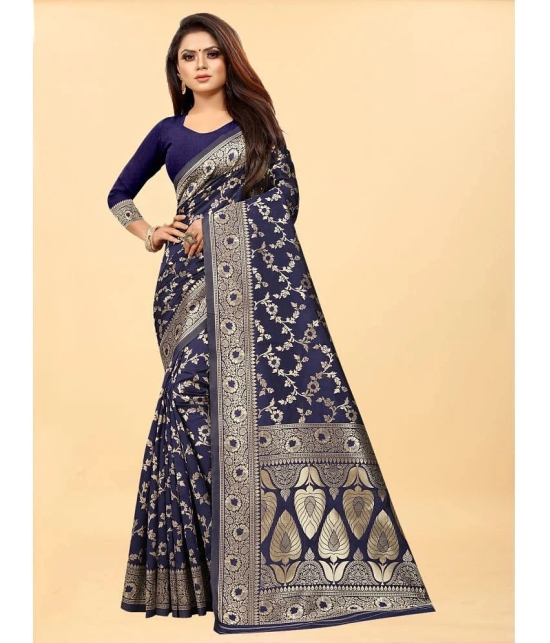 Gazal Fashions - Navy Blue Banarasi Silk Saree With Blouse Piece ( Pack of 1 ) - Navy Blue