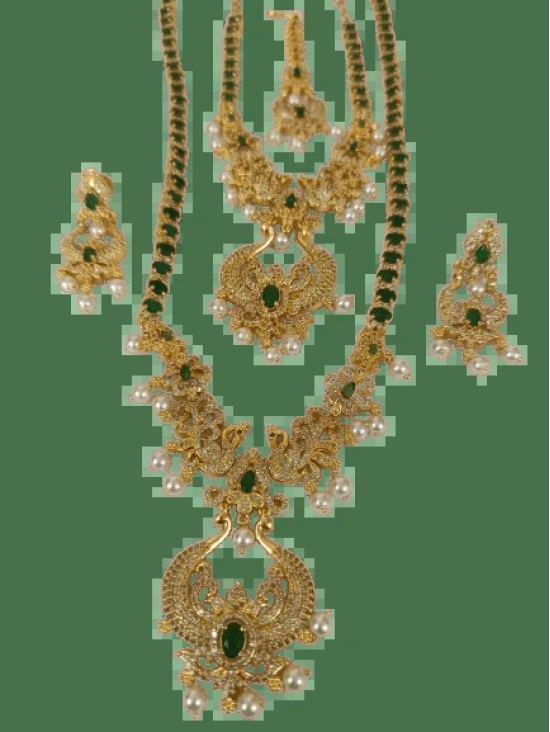 Stunning Gold-Plated Peacock Haram Necklace Set with Green Stones and Pearls