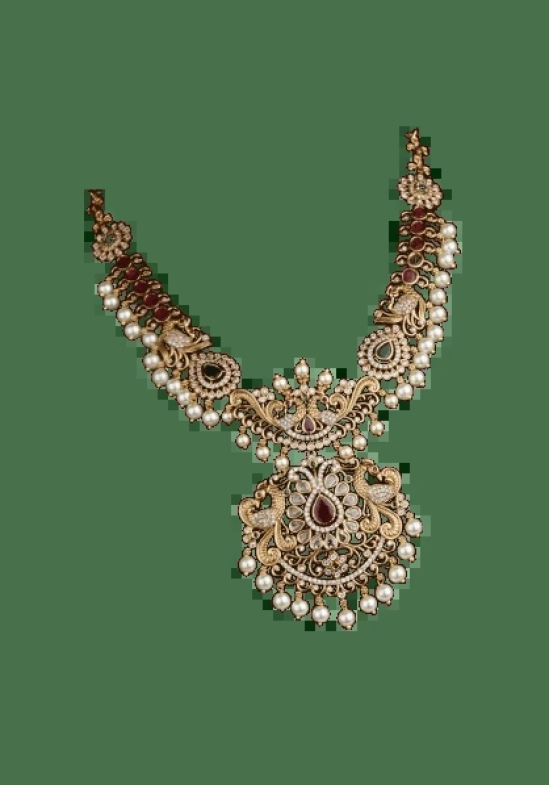 Stunning Antique Gold Plated AD Stone Necklace Set With Pearls