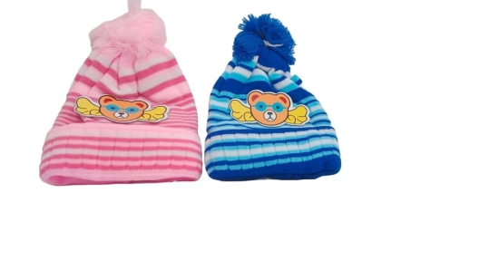 Striped Knit Beanie Hat with Pom Pom for Kids