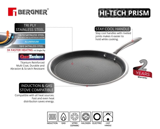 Bergner Hitech Prism Triply Stainless Steel Non Stick Induction Base Flat Tawa, 28 cm (BG-31159)  by Mahavir Home Store