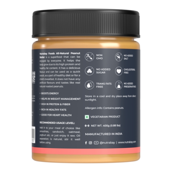 Nutrabay Foods All-Natural Peanut Butter (Creamy) - Unsweetened, 400g | 100% Roasted Peanuts, 28g Protein, Zero Cholesterol, Vegan, Gluten Free, Non GMO