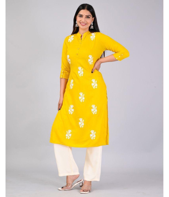 MAUKA Rayon Embroidered Kurti With Palazzo Womens Stitched Salwar Suit - Yellow ( Pack of 1 ) - None