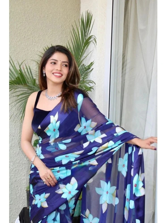 Sitanjali Georgette Printed Saree With Blouse Piece - Navy Blue ( Pack of 1 ) - Navy Blue