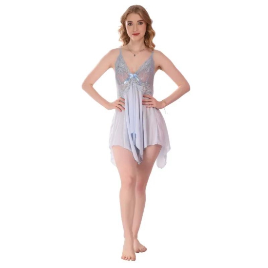 Jomferry Women Spandex Net Above Knee Babydoll Lingerie, Honeymoon Nighty in Blue Color.-M