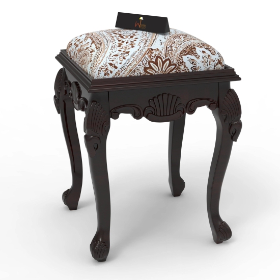 Elegant Hand Carved Teak Wood Stool in Premium Fabric-Honey