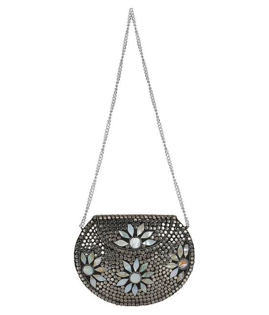 Anekaant Silver Metal Box Clutch - Silver