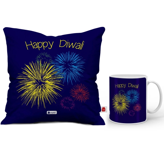 Indigifts Diwali Decoration Items Happy Diwali Quote Blue Cushion Cover 12x12 with Filler & Mug - Diwali Gift Items, Dipawali Gift Items, Dipawli Gifts, Deepawali Greetings, Deepavali Decoration