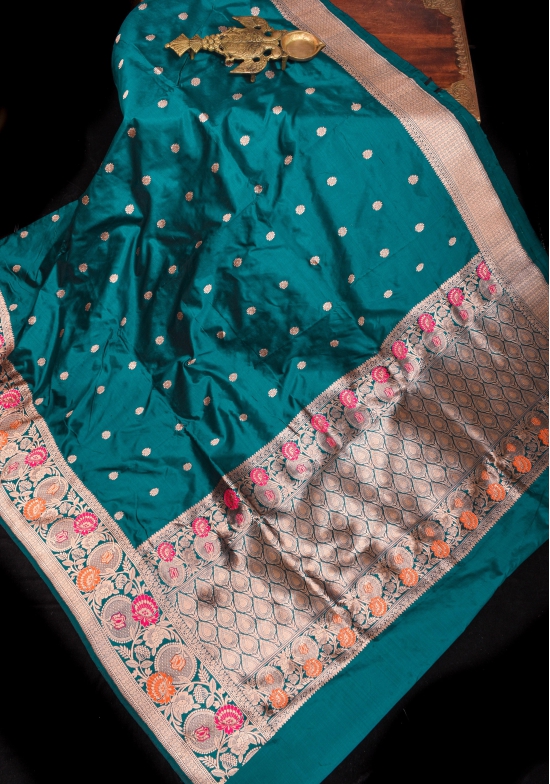 Teal Banarasi Pure Katan Silk Saree with Floral Meenakari Border and Butta | SILK MARK CERTIFIED