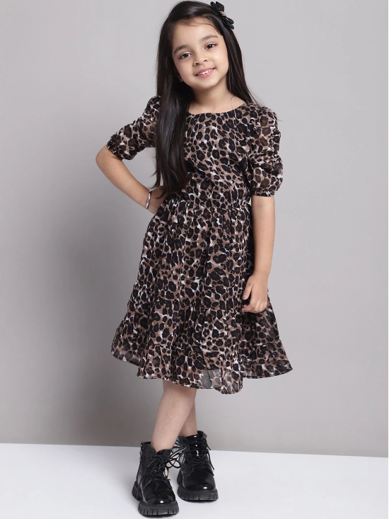 MINI & MING Girls Abstract Print Puff Sleeve Georgette Fit & Flare Midi Dress