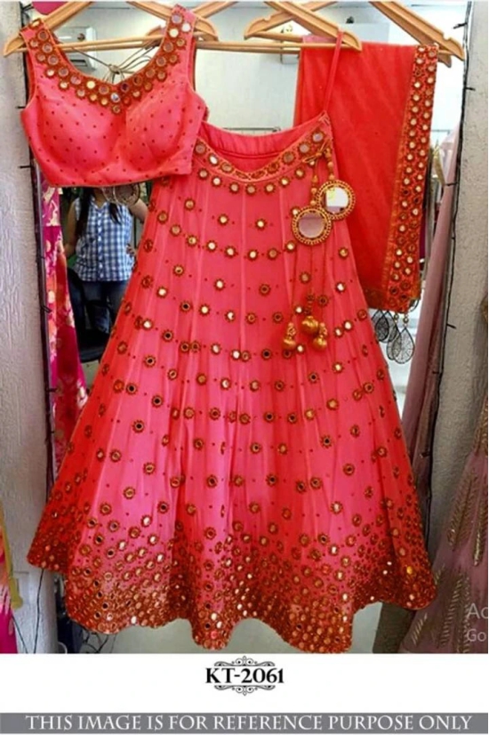 Latest Attractive Satin Mirror Work Semi Stitched Lehenga Choli-Red