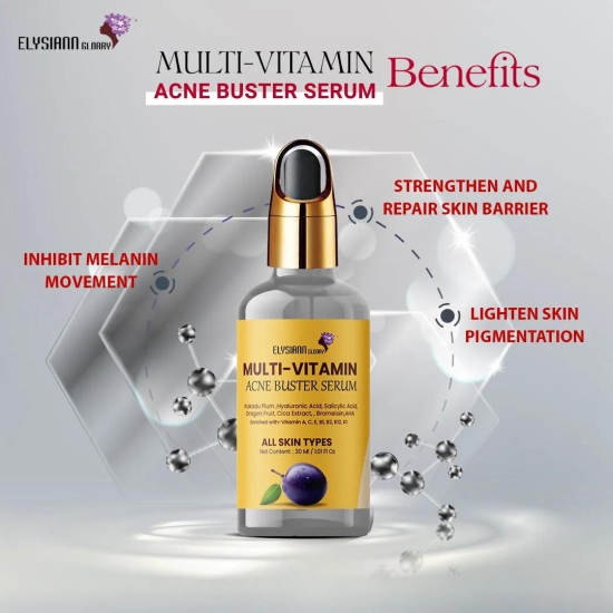 Multi Vitamin Acne Buster Serum Kakadu Plum,Hyaluronic Acid, Salicylic Acid, Dragon Fruit, Cica Extract, Enriched with-Vitamin A, C, E, B1, B2, B12, K1 Bromelain, AHA.