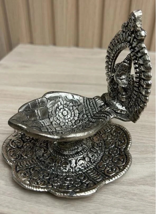 Aarna Creations Hand Crafted Metal Ganesha with Diya| Artistic and Decorative Diya Ganesha Idol in Antique Silver| Desk Idol Diya Ganesha