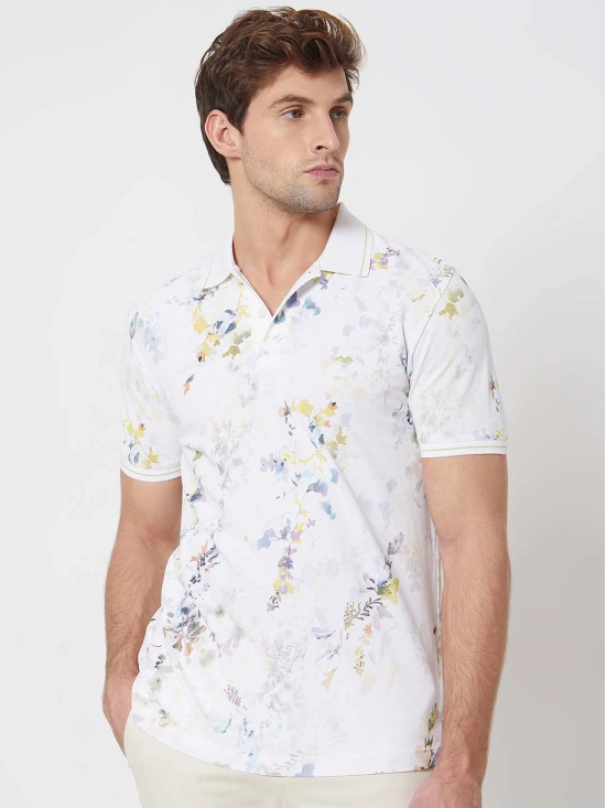 Off White Floral Print Slim Fit Casual Polo