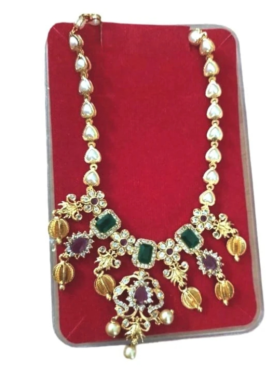 Traditional Indian Gold Plated Haram Necklace with Pearls and Green Stones