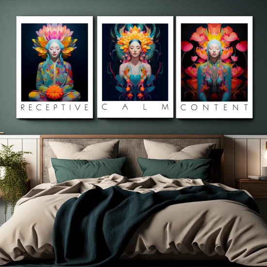 Set Of 3 Calm, Content, Receptive Spiritual Yoga Studio Wood Print Wall Art-23 X 35 Inches Each / Acrylic Glass Thickness: 6mm
