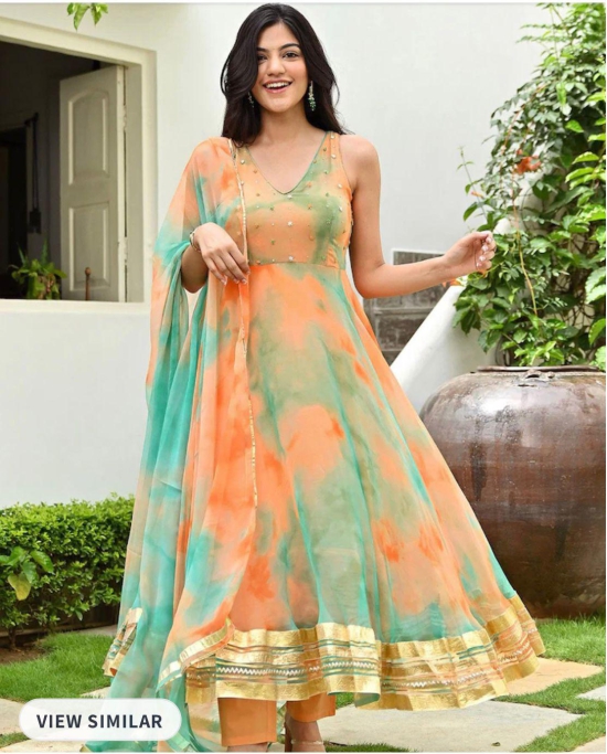 Tie-Dye Printed Anarkali Kurta with Trousers & Dupatta-L