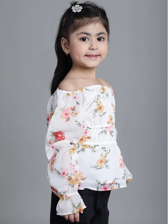 MINI & MING Girls Floral Printed Off-Shoulder Puff Sleeves Gathered Bardot Top