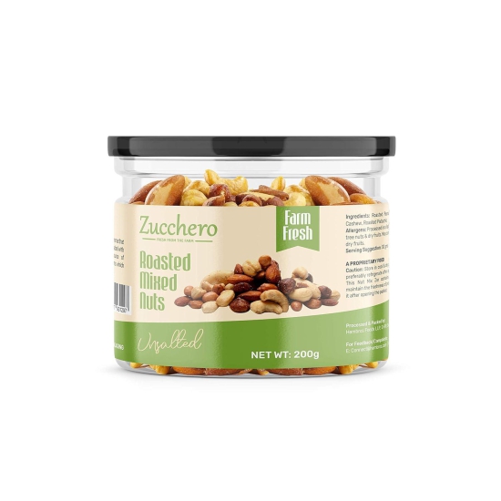 Zucchero Roasted Premium Mixed Nuts, Unsalted, 200g (California Almond, Cashew, Premium Peanuts, Pistachio) | Oil-Free Roasting | No Oil | No Salt | Slow baked Nuts