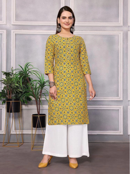 Rangita Women Cotton Mustard Printed Knee Length Straight Kurti - None