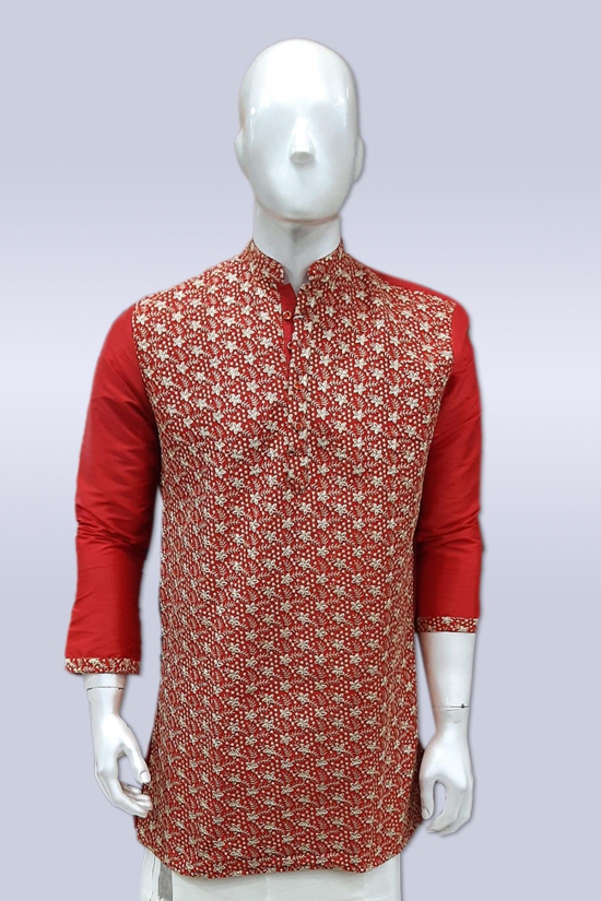 Red Color Semi Silk Gents Kurta